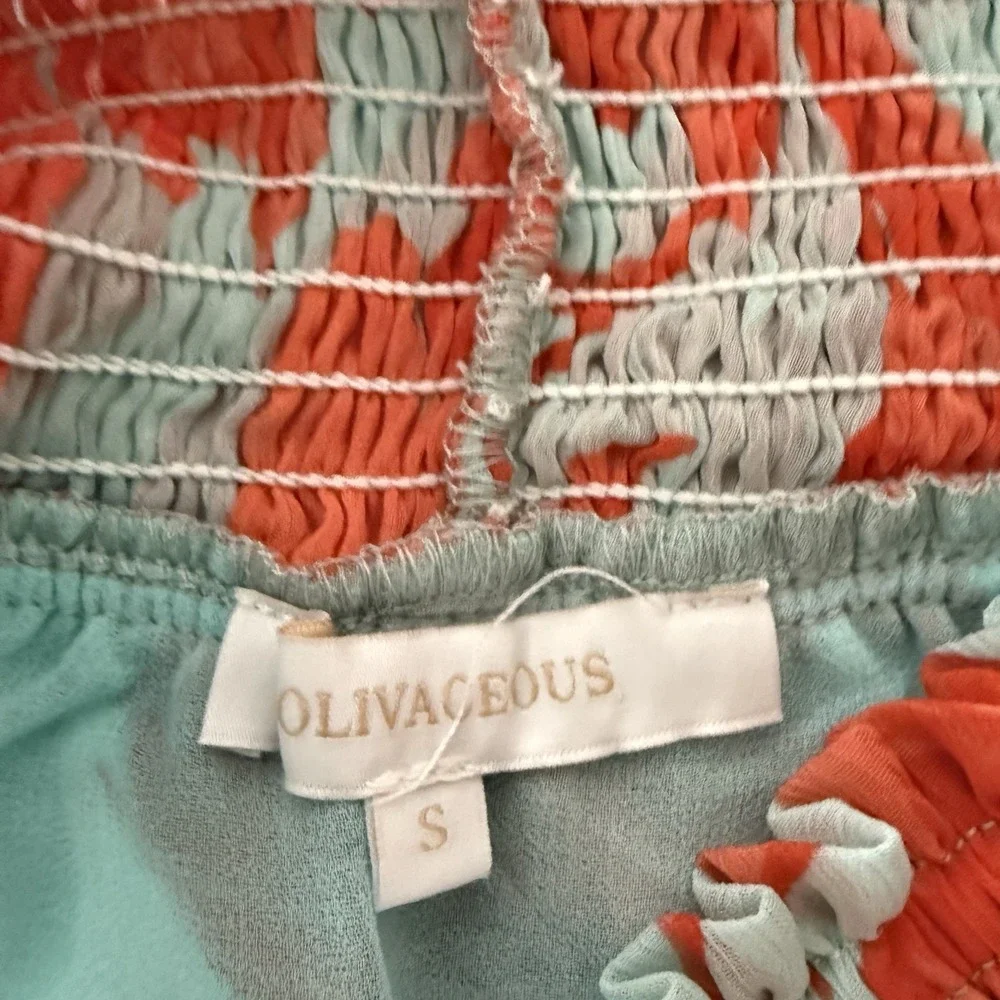 New Olivaceous Coral Blue Tiered Ruffle Skirt Smocked Top Set Womens Small